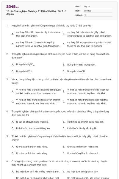 15 câu Trắc nghiệm Sinh học 11 Kết nối tri thức Bài 3 có đáp án