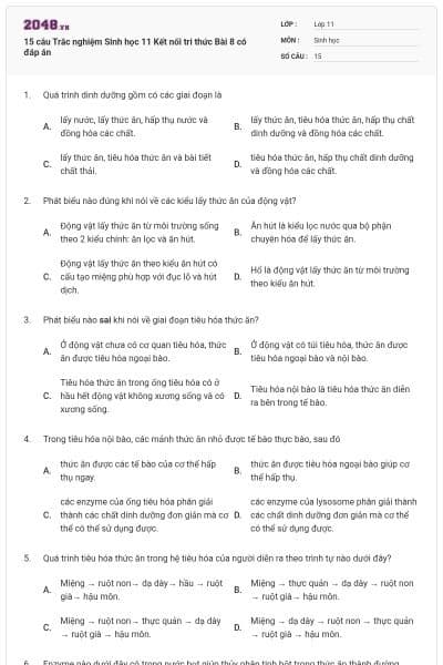 15 câu Trắc nghiệm Sinh học 11 Kết nối tri thức Bài 8 có đáp án