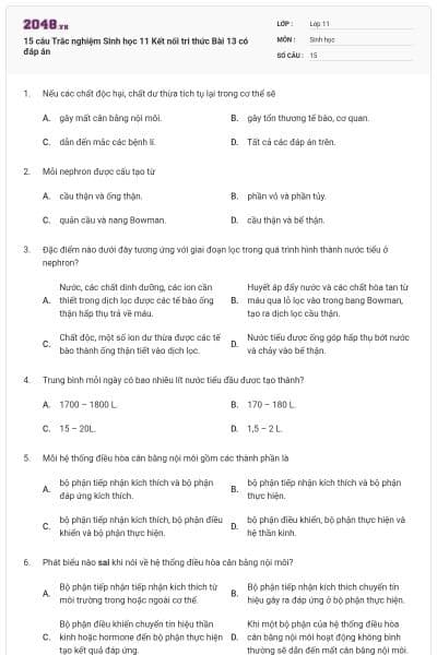 15 câu Trắc nghiệm Sinh học 11 Kết nối tri thức Bài 13 có đáp án