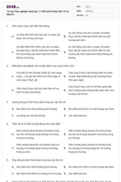 15 câu Trắc nghiệm Sinh học 11 Kết nối tri thức Bài 15 có đáp án