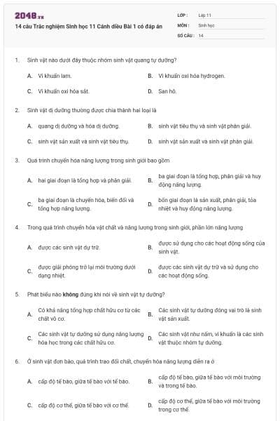 14 câu Trắc nghiệm Sinh học 11 Cánh diều Bài 1 có đáp án