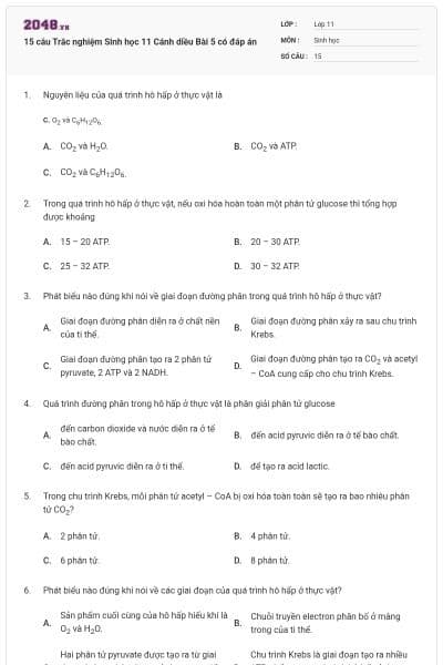 15 câu Trắc nghiệm Sinh học 11 Cánh diều Bài 5 có đáp án
