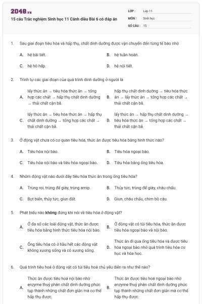 15 câu Trắc nghiệm Sinh học 11 Cánh diều Bài 6 có đáp án