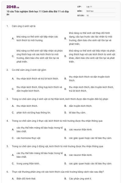 10 câu Trắc nghiệm Sinh học 11 Cánh diều Bài 11 có đáp án