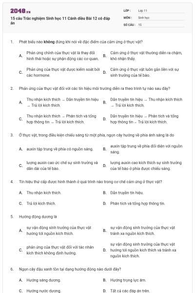 15 câu Trắc nghiệm Sinh học 11 Cánh diều Bài 12 có đáp án