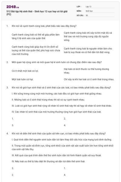 512 Bài tập Hệ sinh thái - Sinh học 12 cực hay có lời giải (P2)