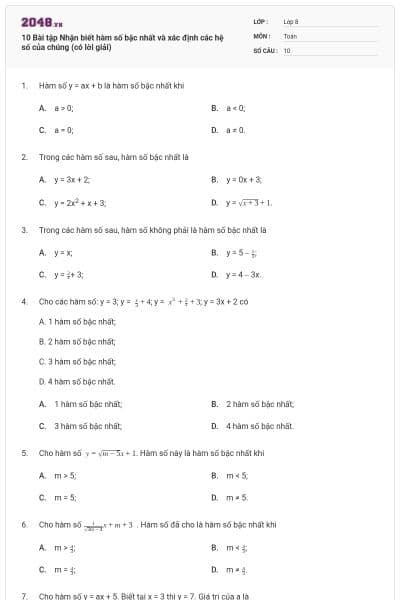 10 Bài tập Nhận biết hàm số bậc nhất và xác định các hệ số của chúng (có lời giải)