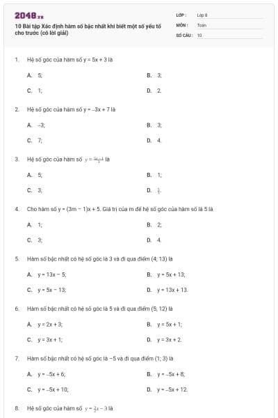 10 Bài tập Xác định hàm số bậc nhất khi biết một số yếu tố cho trước (có lời giải)