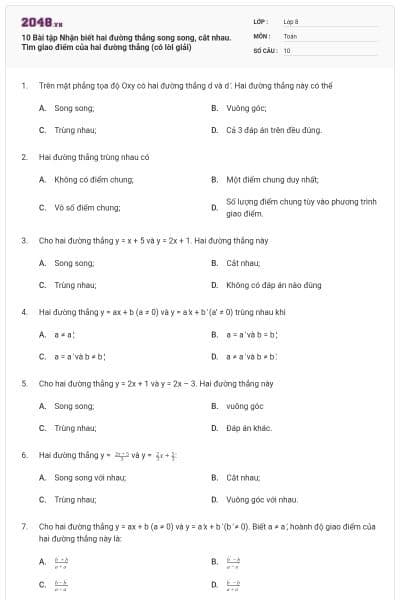 10 Bài tập Nhận biết hai đường thẳng song song, cắt nhau. Tìm giao điểm của hai đường thẳng (có lời giải)