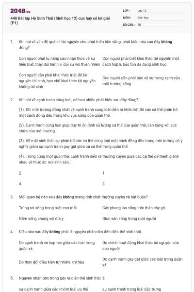 440 Bài tập Hệ Sinh Thái (Sinh học 12) cực hay có lời giải (P1)