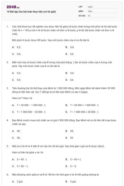 10 Bài tập Các bài toán thực tiễn (có lời giải)