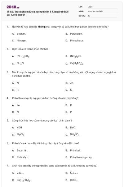 15 câu Trắc nghiệm Khoa học tự nhiên 8 Kết nối tri thức Bài 12 có đáp án