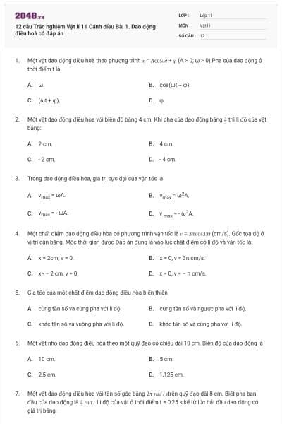 12 câu Trắc nghiệm Vật lí 11 Cánh diều Bài 1. Dao động điều hoà có đáp án