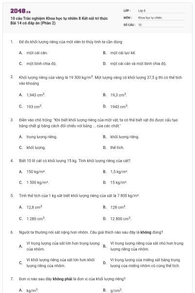 10 câu Trắc nghiệm Khoa học tự nhiên 8 Kết nối tri thức Bài 14 có đáp án (Phần 2)