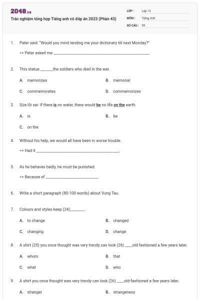 Trắc nghiệm tổng hợp Tiếng anh có đáp án 2023 (Phần 43)