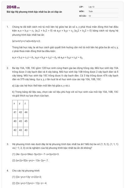 Bài tập Hệ phương trình bậc nhất ba ẩn có đáp án