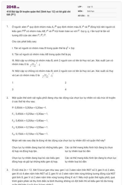 418 Bài tập Di truyền quần thể (Sinh học 12) có lời giải chi tiết (P1)