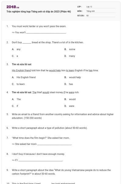 Trắc nghiệm tổng hợp Tiếng anh có đáp án 2023 (Phần 46)