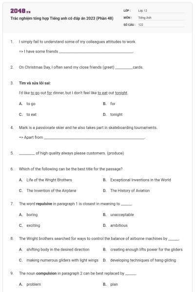 Trắc nghiệm tổng hợp Tiếng anh có đáp án 2023 (Phần 48)