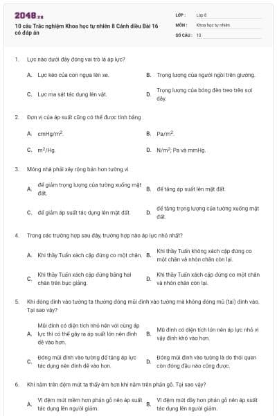 10 câu Trắc nghiệm Khoa học tự nhiên 8 Cánh diều Bài 16 có đáp án