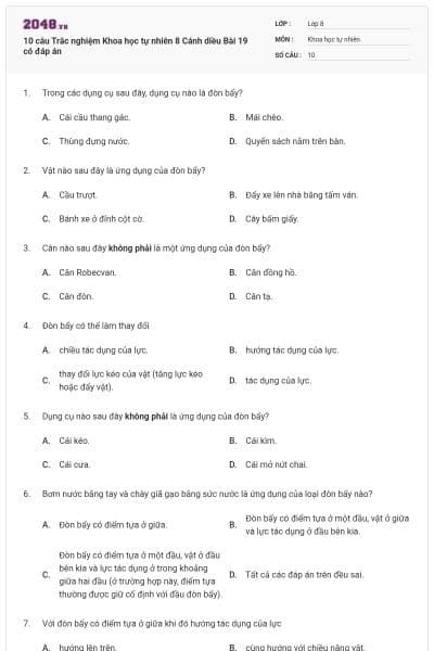 10 câu Trắc nghiệm Khoa học tự nhiên 8 Cánh diều Bài 19 có đáp án