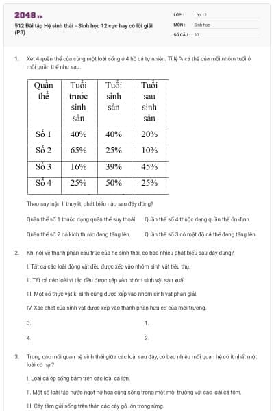 512 Bài tập Hệ sinh thái - Sinh học 12 cực hay có lời giải (P3)