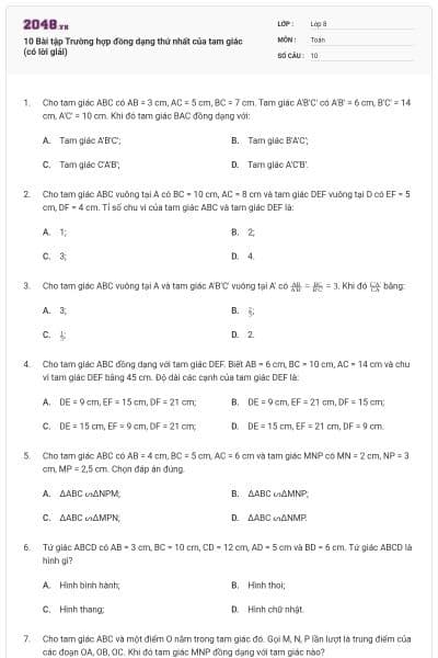 10 Bài tập Trường hợp đồng dạng thứ nhất của tam giác (có lời giải)