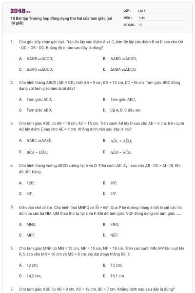 10 Bài tập Trường hợp đồng dạng thứ hai của tam giác (có lời giải)