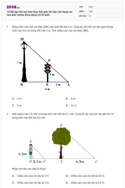 10 Bài tập Các bài toán thực tiễn gắn với việc vận dụng các tam giác vuông đồng dạng (có lời giải)