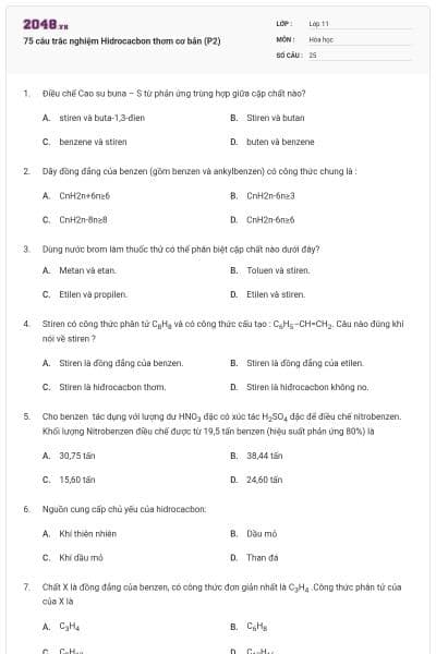 75 câu trắc nghiệm Hidrocacbon thơm cơ bản (P2)