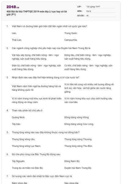 400 Bài thi thử THPTQG 2019 môn Địa Lí cực hay có lời giải (P1)
