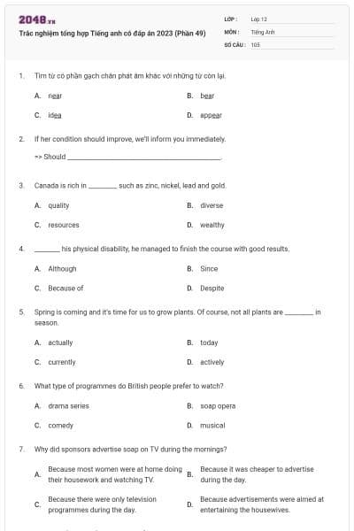 Trắc nghiệm tổng hợp Tiếng anh có đáp án 2023 (Phần 49)