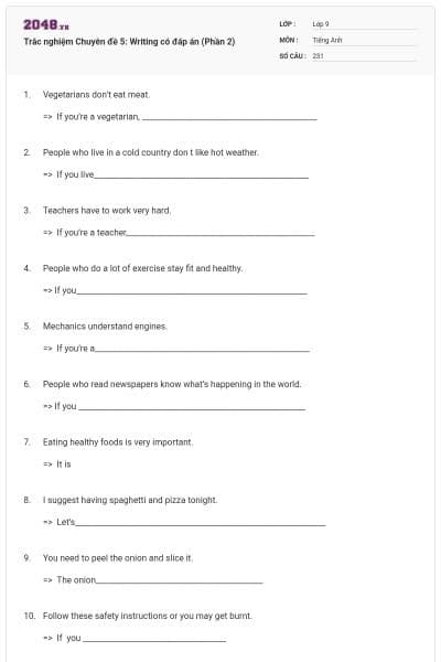 Trắc nghiệm Chuyên đề 5: Writing có đáp án (Phần 2)