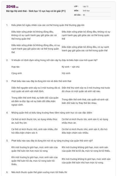 Bài tập Hệ sinh thái - Sinh học 12 cực hay có lời giải (P1)