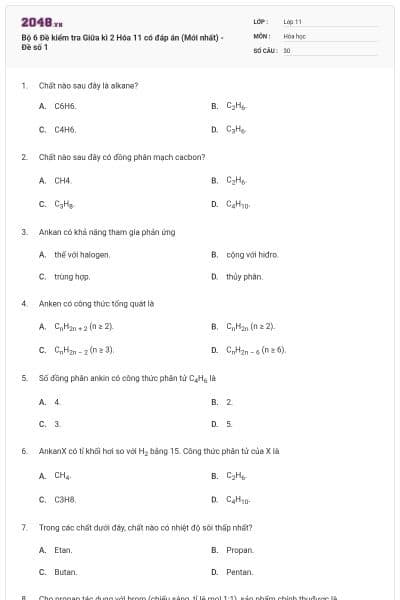 Bộ 6 Đề kiểm tra Giữa kì 2 Hóa 11 có đáp án (Mới nhất) - Đề số 1