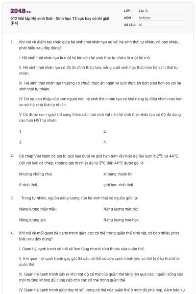 512 Bài tập Hệ sinh thái - Sinh học 12 cực hay có lời giải (P4)