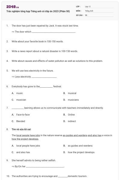 Trắc nghiệm tổng hợp Tiếng anh có đáp án 2023 (Phần 50)