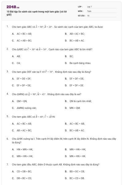 10 Bài tập So sánh các cạnh trong một tam giác (có lời giải)