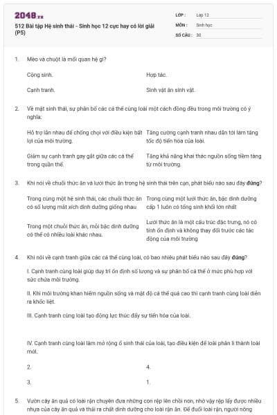 512 Bài tập Hệ sinh thái - Sinh học 12 cực hay có lời giải (P5)
