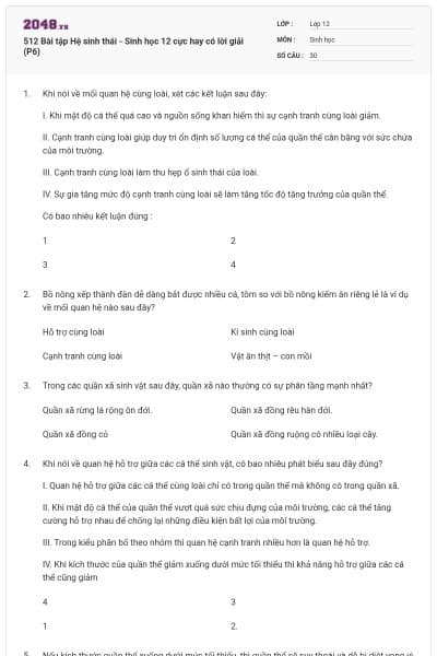 512 Bài tập Hệ sinh thái - Sinh học 12 cực hay có lời giải (P6)