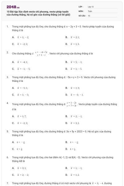 10 Bài tập Xác định vectơ chỉ phương, vectơ pháp tuyến của đường thẳng, hệ số góc của đường thẳng (có lời giải)