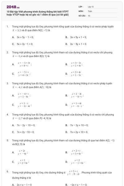 10 Bài tập Viết phương trình đường thẳng khi biết VTPT hoặc VTCP hoặc hệ số góc và 1 điểm đi qua (có lời giải)
