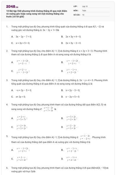 10 Bài tập Viết phương trình đường thẳng đi qua một điểm và vuông góc hoặc song song với một đường thẳng cho trước (có lời giải)