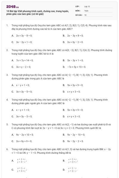 10 Bài tập Viết phương trình cạnh, đường cao, trung tuyến, phân giác của tam giác (có lời giải)