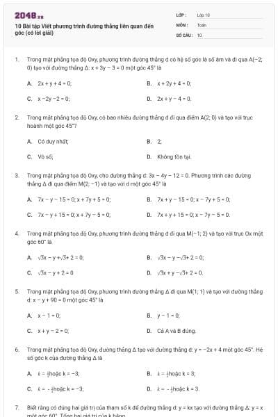 10 Bài tập Viết phương trình đường thẳng liên quan đến góc (có lời giải)