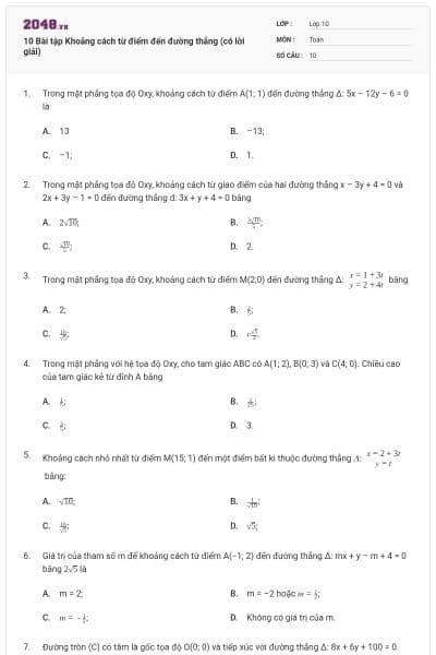 10 Bài tập Khoảng cách từ điểm đến đường thẳng (có lời giải)