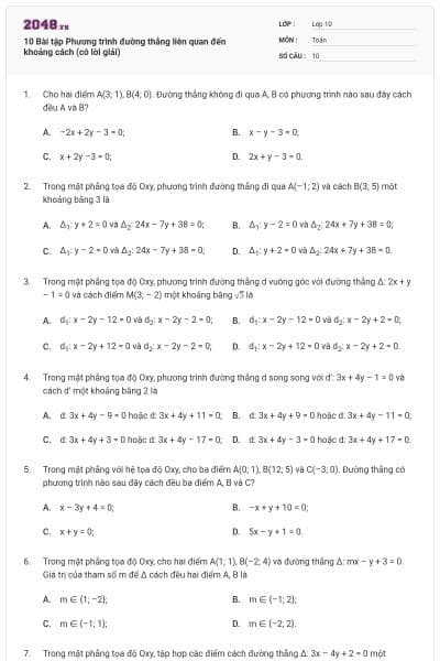 10 Bài tập Phương trình đường thẳng liên quan đến khoảng cách (có lời giải)