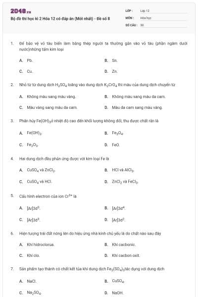 Bộ đề thi học kì 2 Hóa 12 có đáp án (Mới nhất) - Đề số 8
