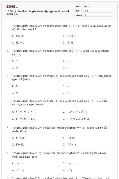 10 Bài tập Xác định các yếu tố của elip, hypebol và parabol (có lời giải)
