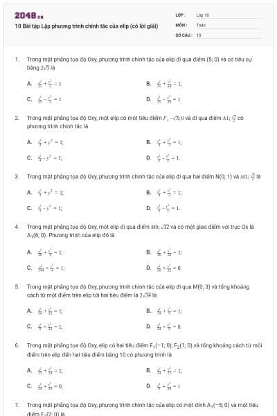 10 Bài tập Lập phương trình chính tắc của elip (có lời giải)